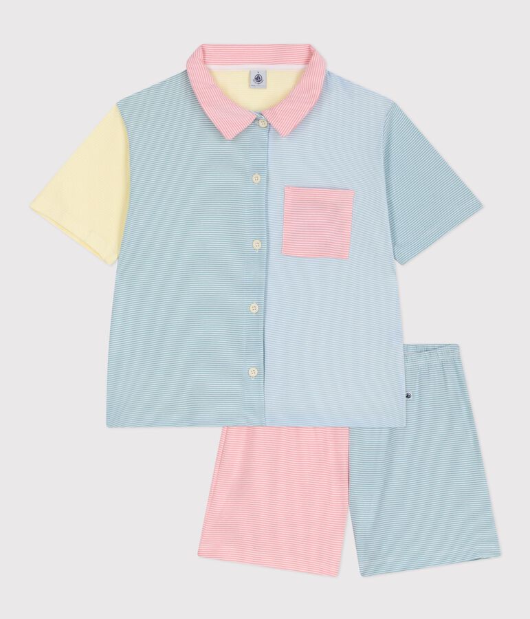 Pyjama short boutonn&eacute; femme en coton &agrave; rayures blanc MARSHMALLOW/blanc MULTICO