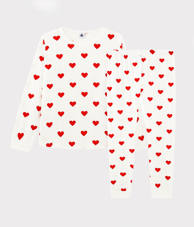 Pyjama enfant imprim&eacute; c&oelig;urs en molleton blanc/rouge