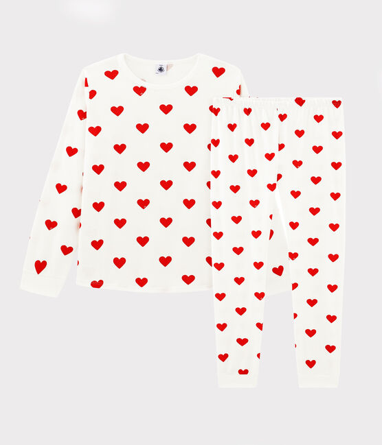 Pyjama enfant imprimé cœurs en molleton blanc MARSHMALLOW/rouge TERKUIT