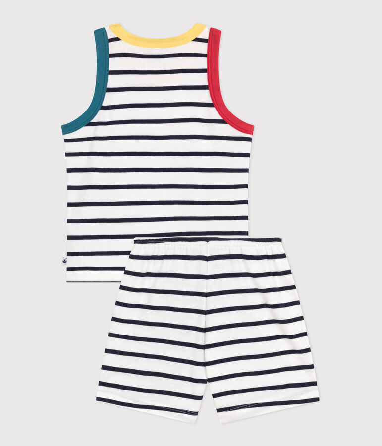 Pyjama short enfant en coton d&eacute;bardeur &agrave; rayures blanc MARSHMALLOW/bleu SMOKING