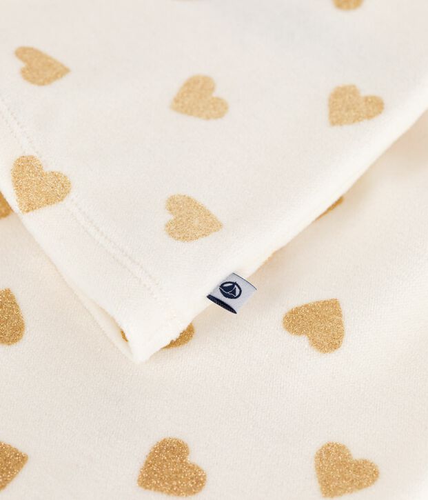 Pyjama enfant en velours imprim&eacute; c&oelig;urs dor&eacute;s paillettes &eacute;cru/jaune