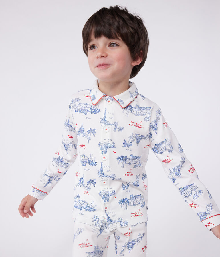 Pyjama enfant en coton boutonn&eacute; imprim&eacute; Paris blanc MARSHMALLOW/blanc MULTICO
