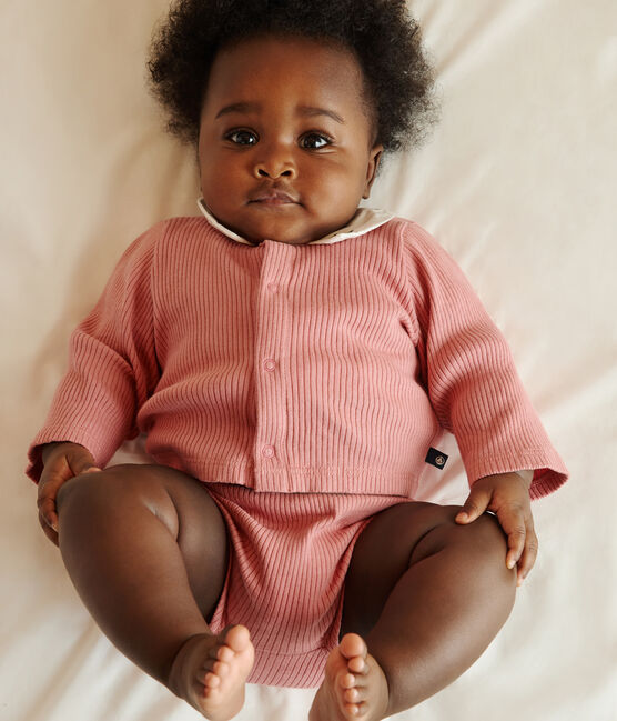 Ensemble naissance trois pièces en coton et t-shirt à col brodé rose ROSEWOOD/ MULTICO