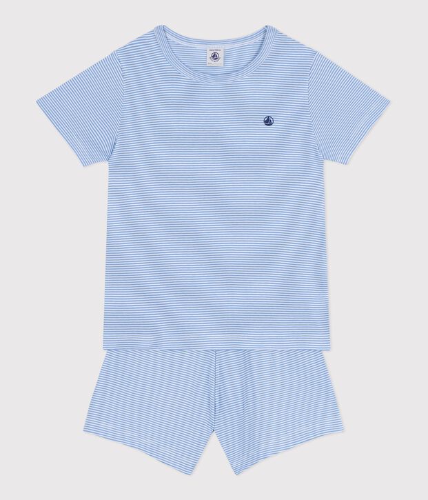Pyjama short enfant en coton &agrave; rayures bleu/blanc