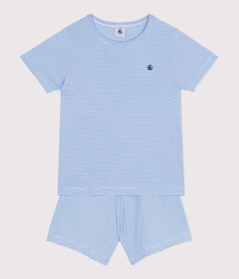Pyjama short enfant en coton &agrave; rayures bleu/blanc