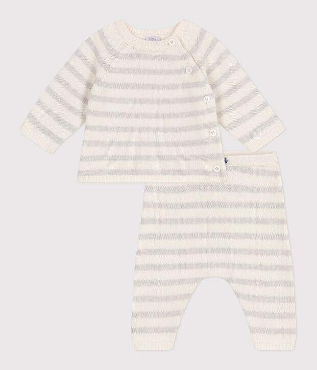 Ensemble b&eacute;b&eacute; deux pi&egrave;ces en tricot laine et coton blanc/beige