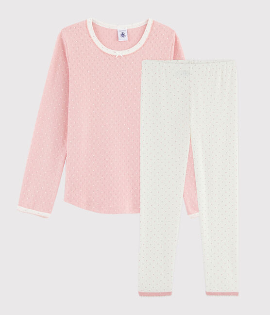 Pyjama rose à pois petite fille en côte troutrou blanc MARSHMALLOW/rose CHARME