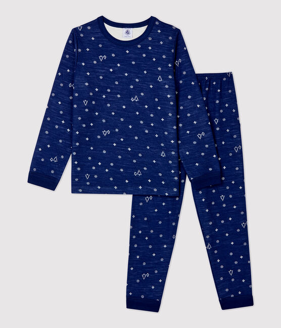 Pyjama jacquard flocons en laine et coton enfant bleu MEDIEVAL/blanc MARSHMALLOW