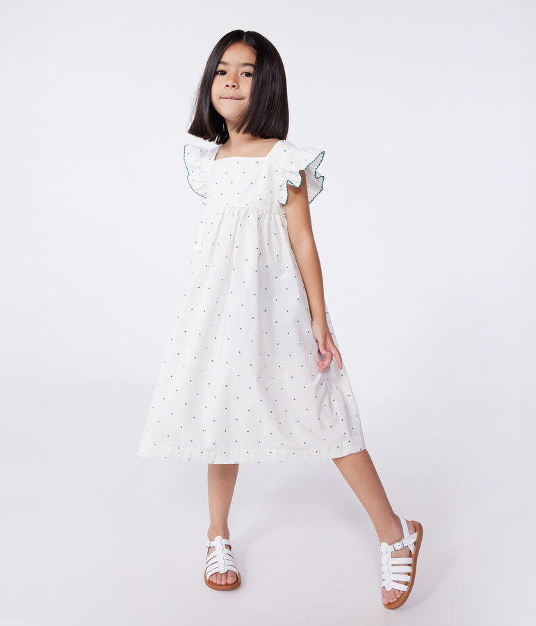 Robe longue sans manche enfant en coton &agrave; pois blanc MARSHMALLOW/blanc MULTICO