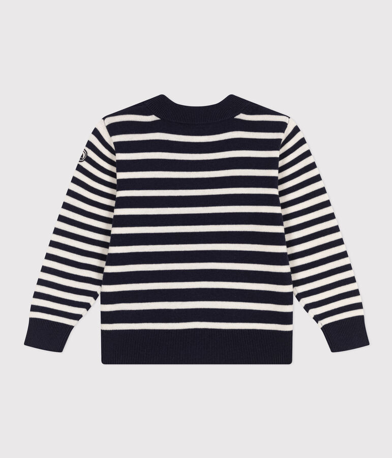 Pull ray&eacute; en laine et coton enfant bleu SMOKING/blanc MARSHMALLOW