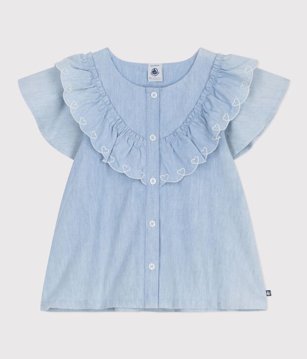 Blouse enfant en coton manches courtes unie bleu