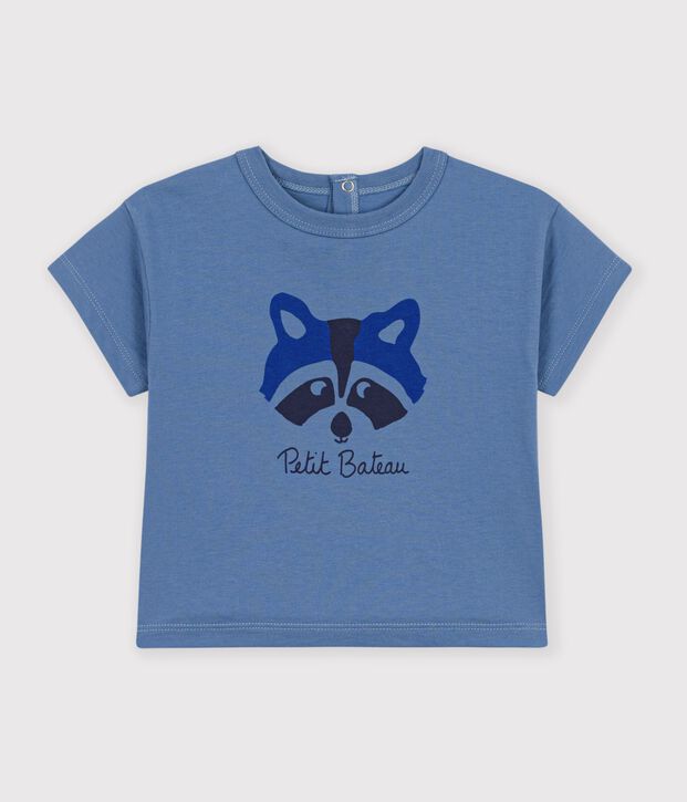 Tee-shirt b&eacute;b&eacute; en coton manches courtes uni &agrave; motif bleu