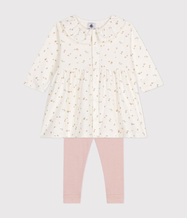 Ensemble robe manches longues et legging en coton b&eacute;b&eacute; blanc/multicouleur