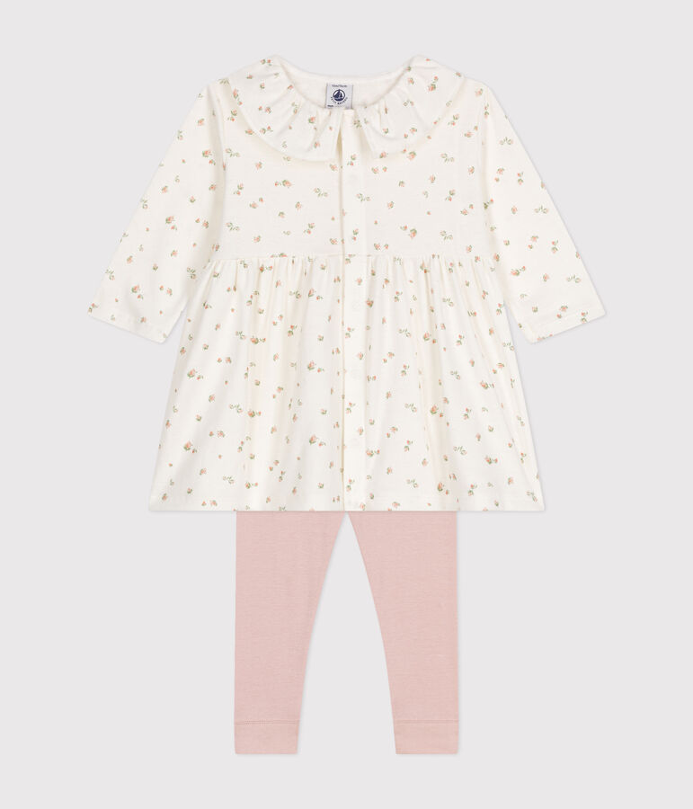 Ensemble robe manches longues et legging en coton b&eacute;b&eacute; blanc MARSHMALLOW/blanc MULTICO