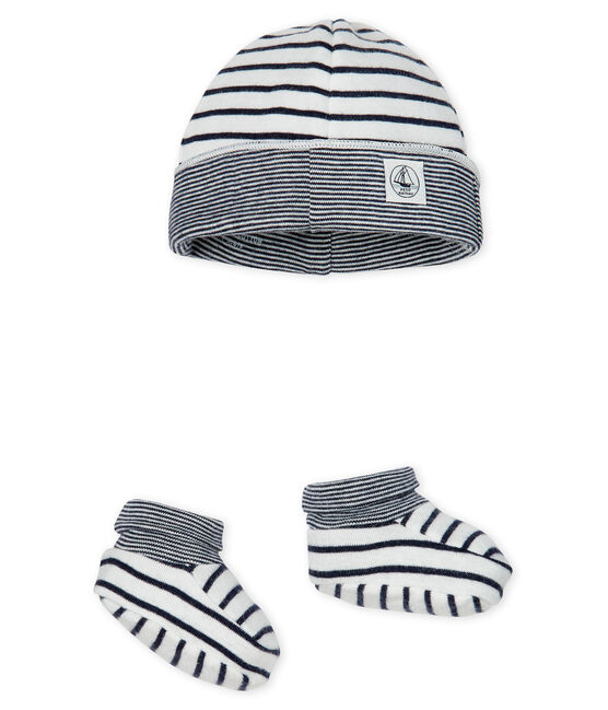 Lot bonnet et chaussons bébé garçon en côte variante Petit Bateau