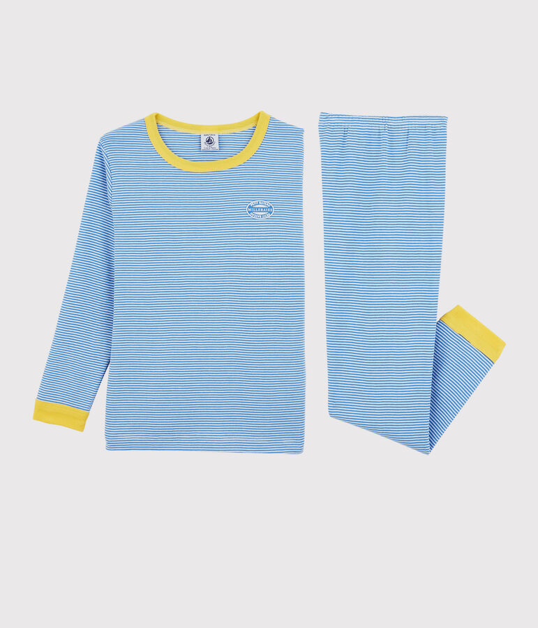 Pyjama ray&eacute; milleraies en coton enfant bleu BRASIER/gris MARSHMALLOW