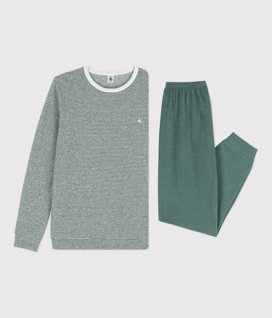 Pyjama milleraies fille/garçon en coton vert VALLEE/blanc MARSHMALLOW