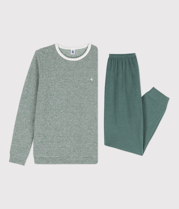 Pyjama milleraies fille/gar&ccedil;on en coton vert/blanc
