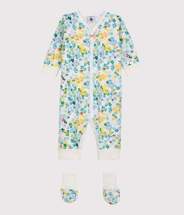 Ensemble nuit &agrave; fleurs b&eacute;b&eacute; fille en molleton blanc/multicouleur