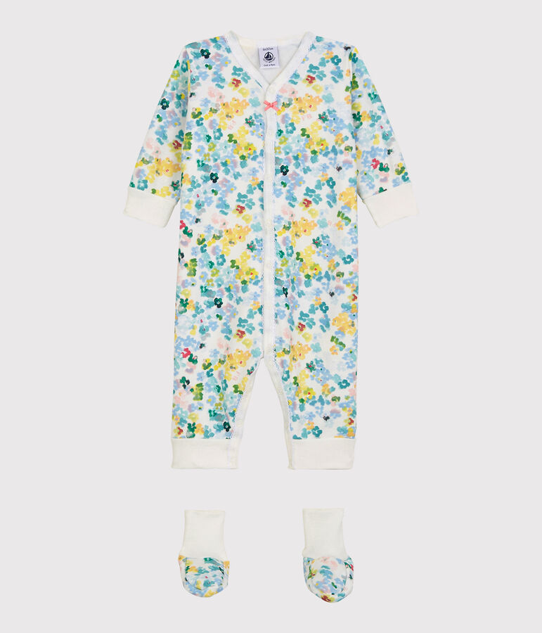 Ensemble nuit &agrave; fleurs b&eacute;b&eacute; fille en molleton blanc MARSHMALLOW/blanc MULTICO