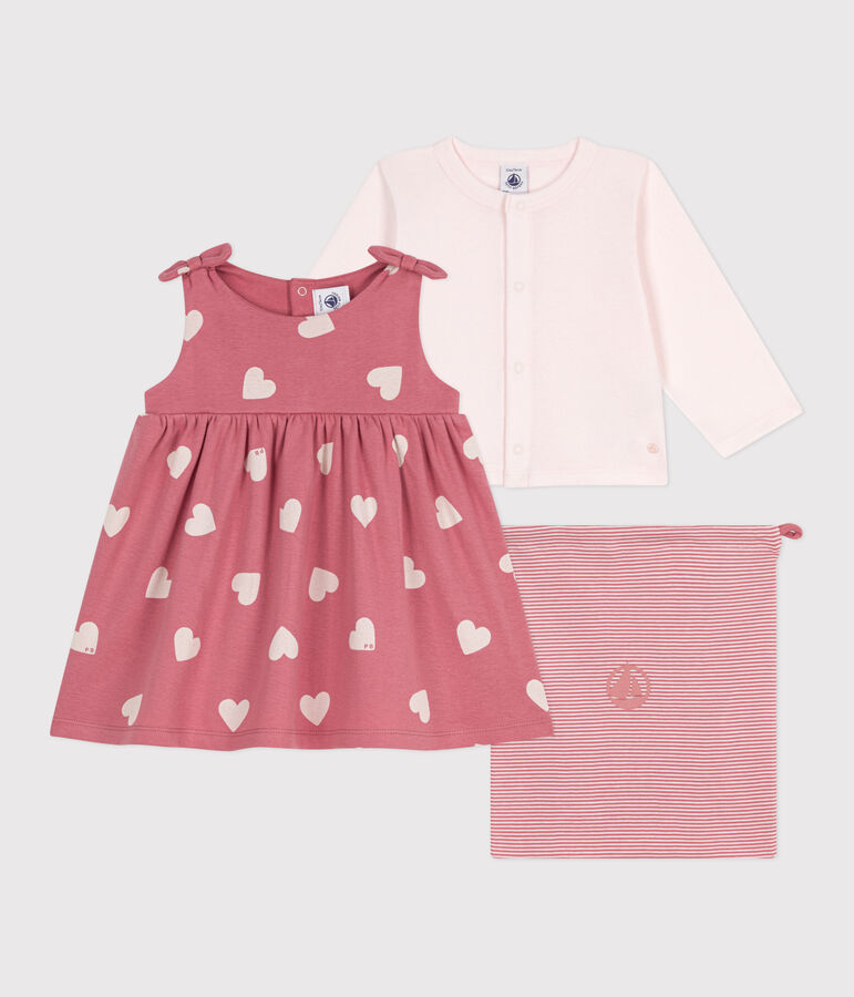 Ensemble b&eacute;b&eacute; deux pi&egrave;ces en coton, cardigan uni et robe imprim&eacute;e rose ROSEWOOD/ MULTICO