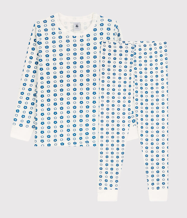 Pyjama imprim&eacute; fleurs graphique en coton enfant blanc/bleu