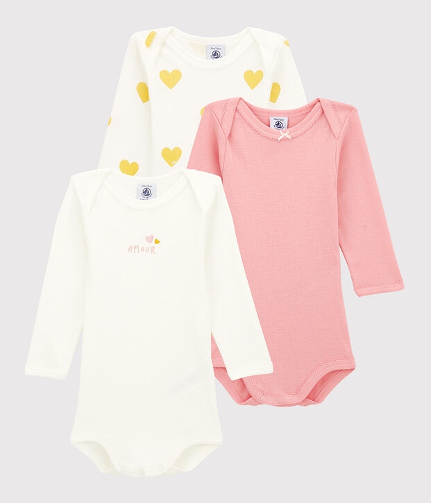 Lot de 3 bodies manches longues b&eacute;b&eacute; fille en coton biologique multicouleur