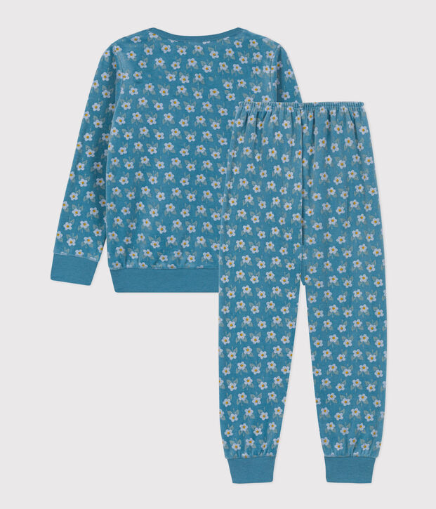 Pyjama fleur petite fille en velours bleu/multicouleur