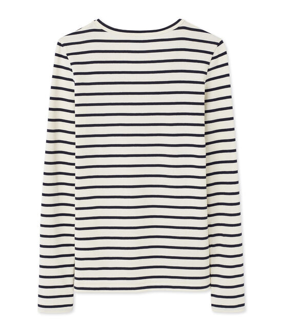 T-shirt femme manches longues col V rayé beige COQUILLE/bleu SMOKING