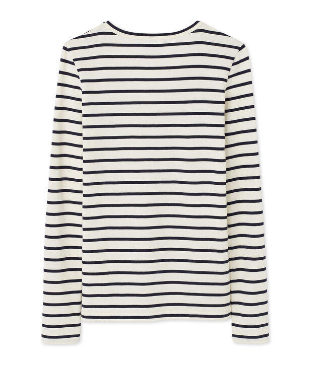 T-shirt femme manches longues col V ray&eacute; blanc/bleu