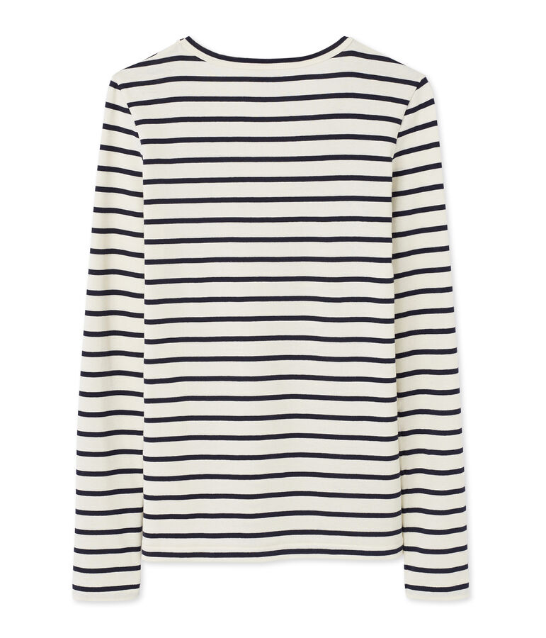 T-shirt femme manches longues col V ray&eacute; beige COQUILLE/bleu SMOKING