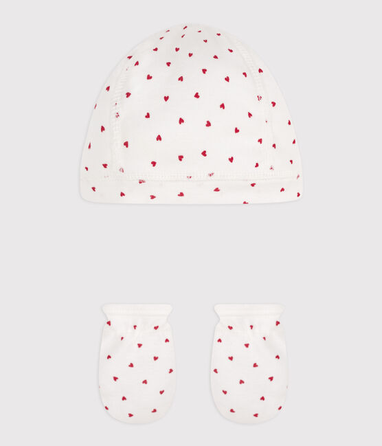 Lot bonnet et mouffles cœurs en coton variante 1