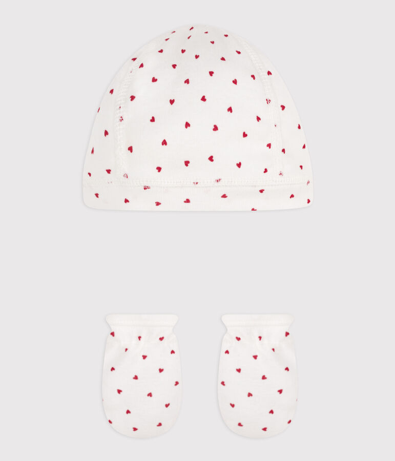 Lot bonnet et mouffles c&oelig;urs en coton multicouleur