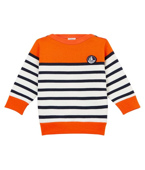Sweatshirt rayure marinière colorblock bébé garçon orange CAROTTE/blanc MARSHMALLOW/ SMOKING