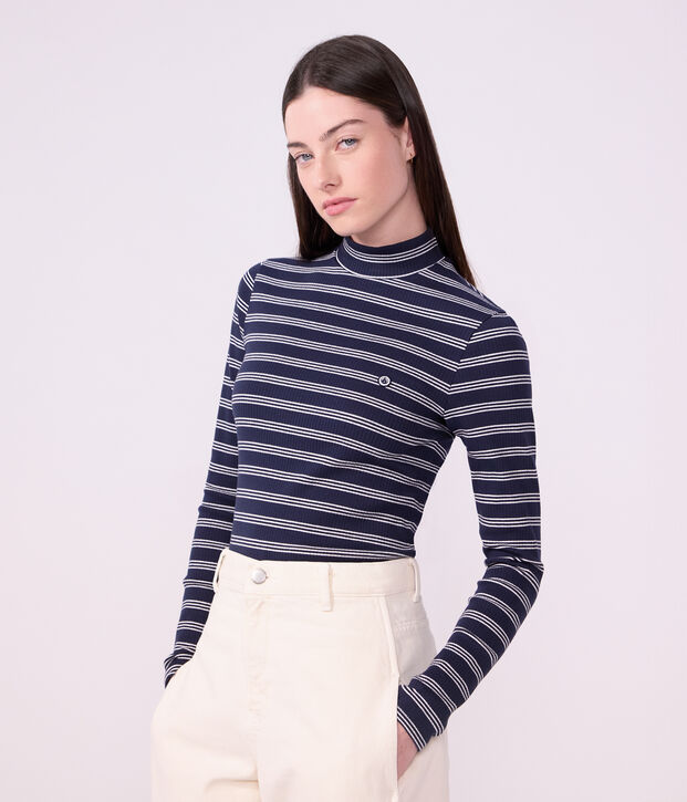 Sous-pull femme en coton &agrave; rayures bleu/blanc