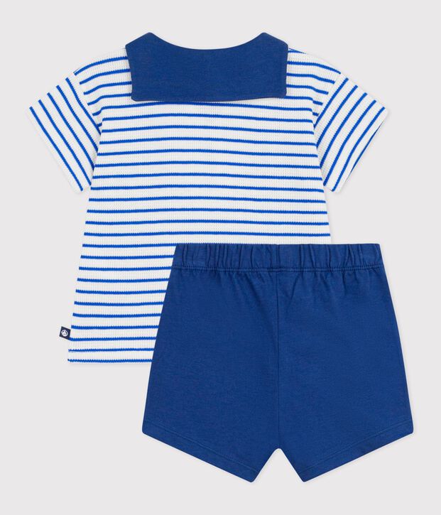 Ensemble b&eacute;b&eacute; deux pi&egrave;ces en coton, tee-shirt col marin bleu/bleu