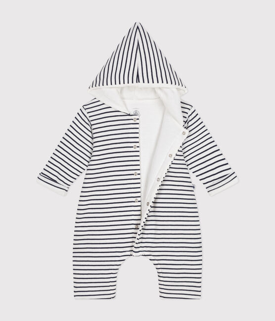 Combinaison longue ouatinée à capuche en coton bébé blanc MARSHMALLOW/bleu SMOKING