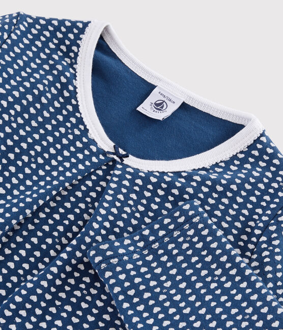 Pyjama imprimé cœurs petite fille en tubique bleu MAJOR/blanc MARSHMALLOW
