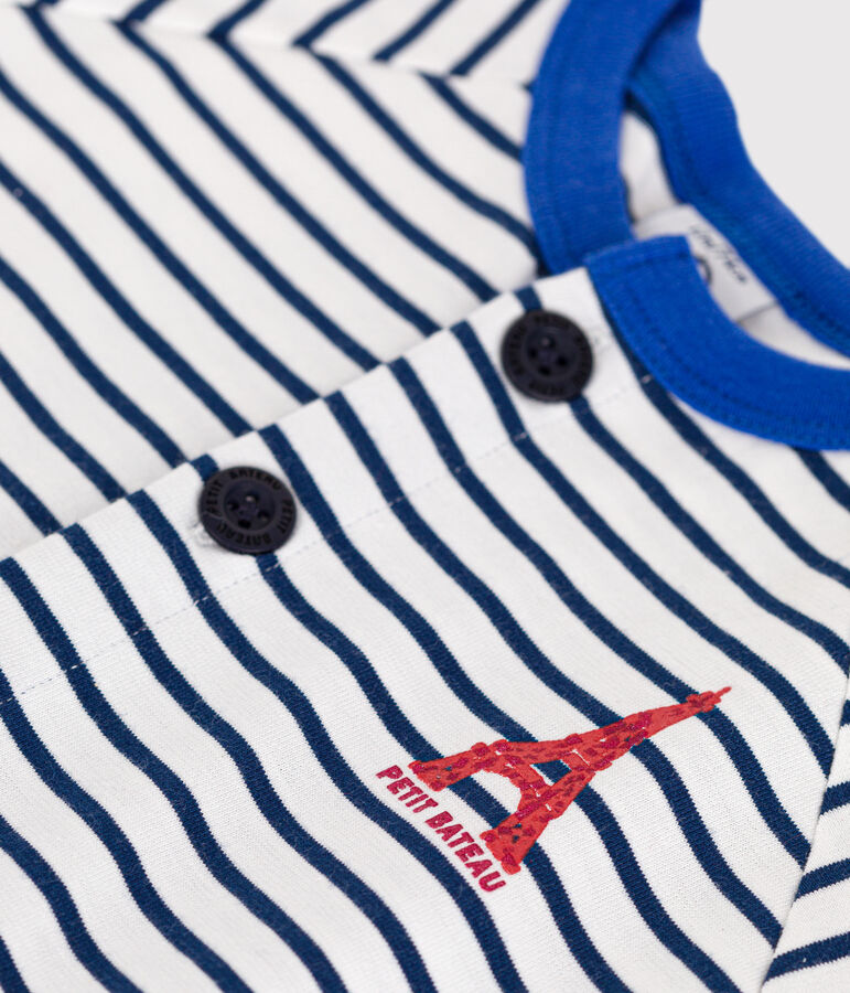 Combinaison courte en jersey fin b&eacute;b&eacute; blanc MARSHMALLOW/bleu MEDIEVAL