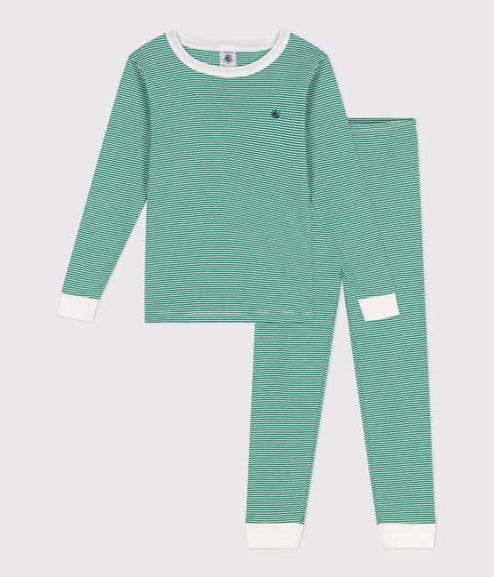 Pyjama très ajusté enfant en coton à rayures vert JARDIN/ MARSHMALLOW