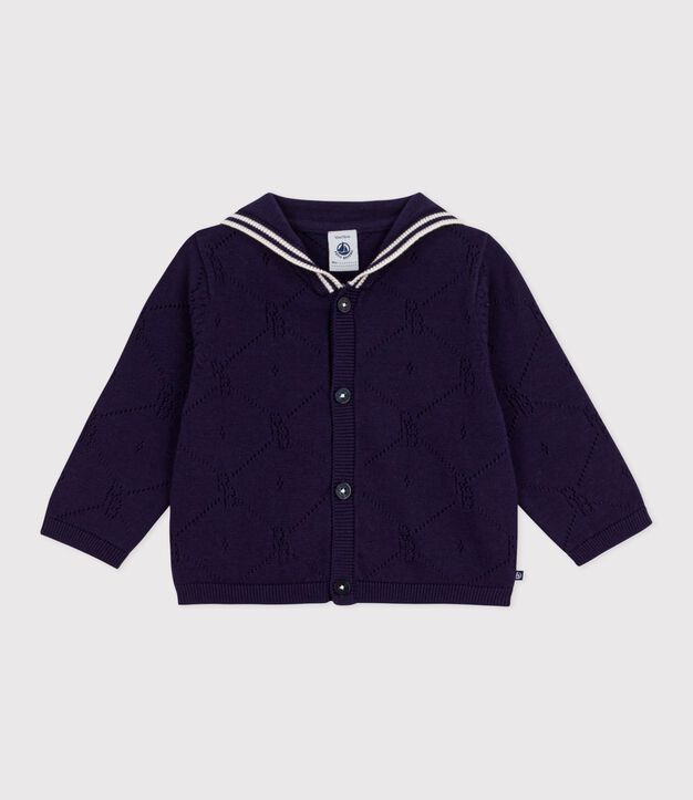Cardigan b&eacute;b&eacute; &agrave; col marin en coton ajour&eacute; bleu marine