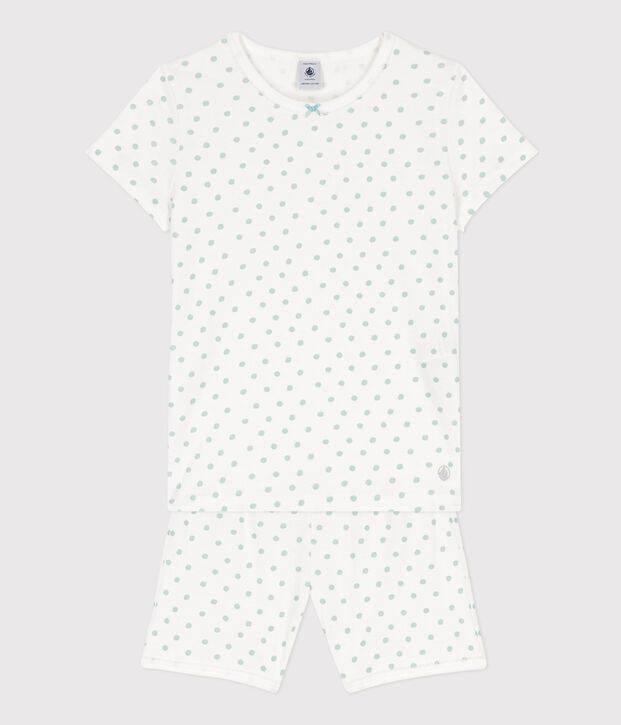 Pyjacourt &agrave; pois en coton petite fille blanc/vert