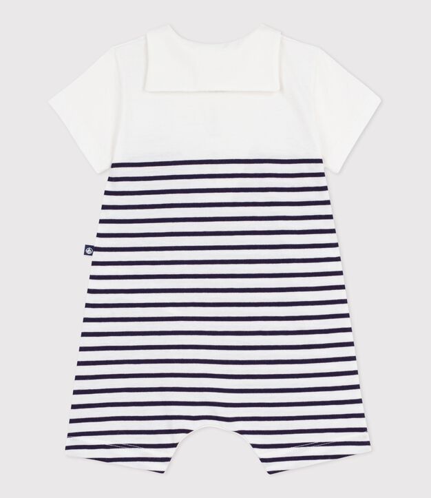 Combinaison courte b&eacute;b&eacute; en coton ray&eacute;e et col vareuse bleu/bleu