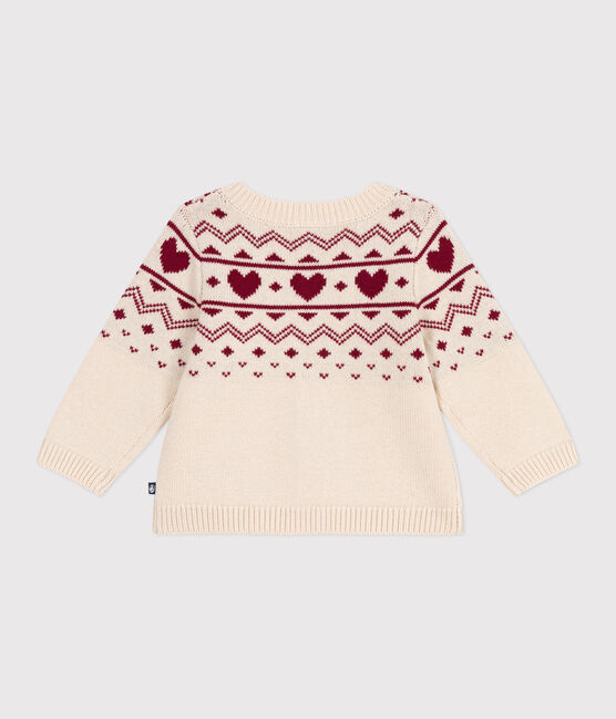 Cardigan bébé en tricot laine et coton, motifs cœurs écru AVALANCHE/ AMARANTE