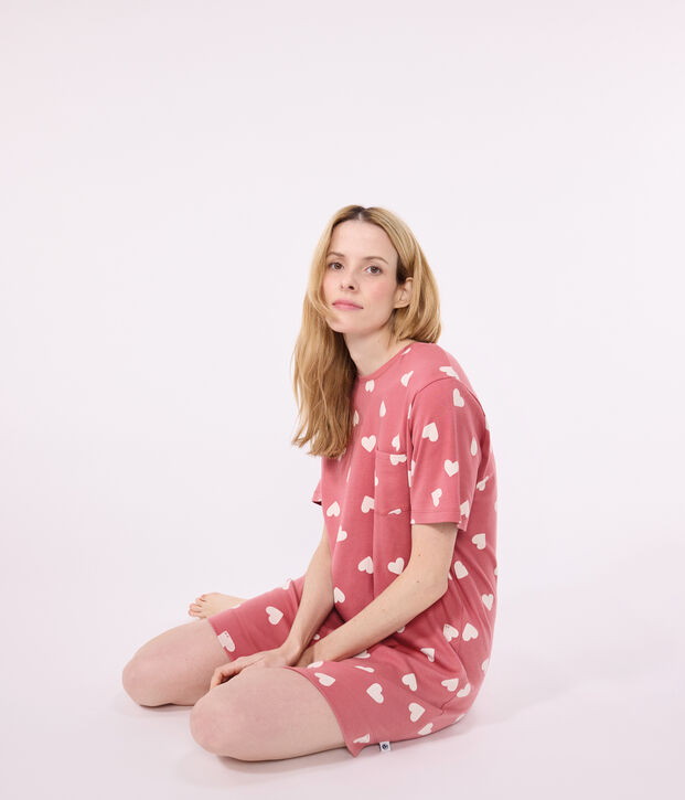 Chemise de nuit femme manches courtes imprim&eacute; c&oelig;urs rose/blanc