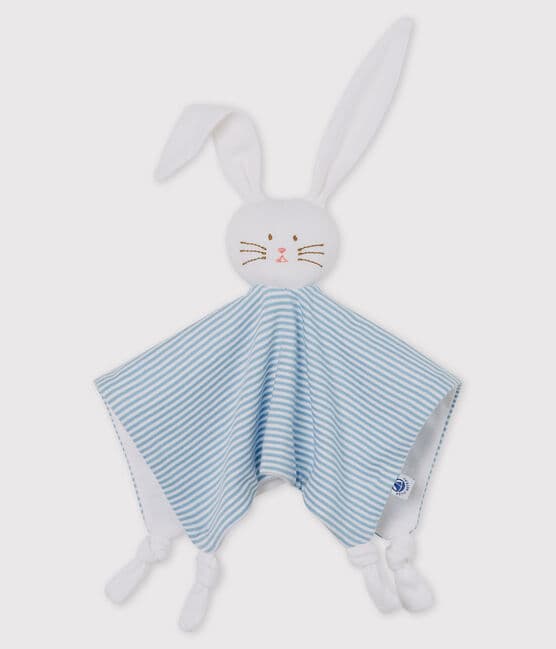 Doudou lapin bébé en coton bleu ACIER/blanc MARSHMALLOW