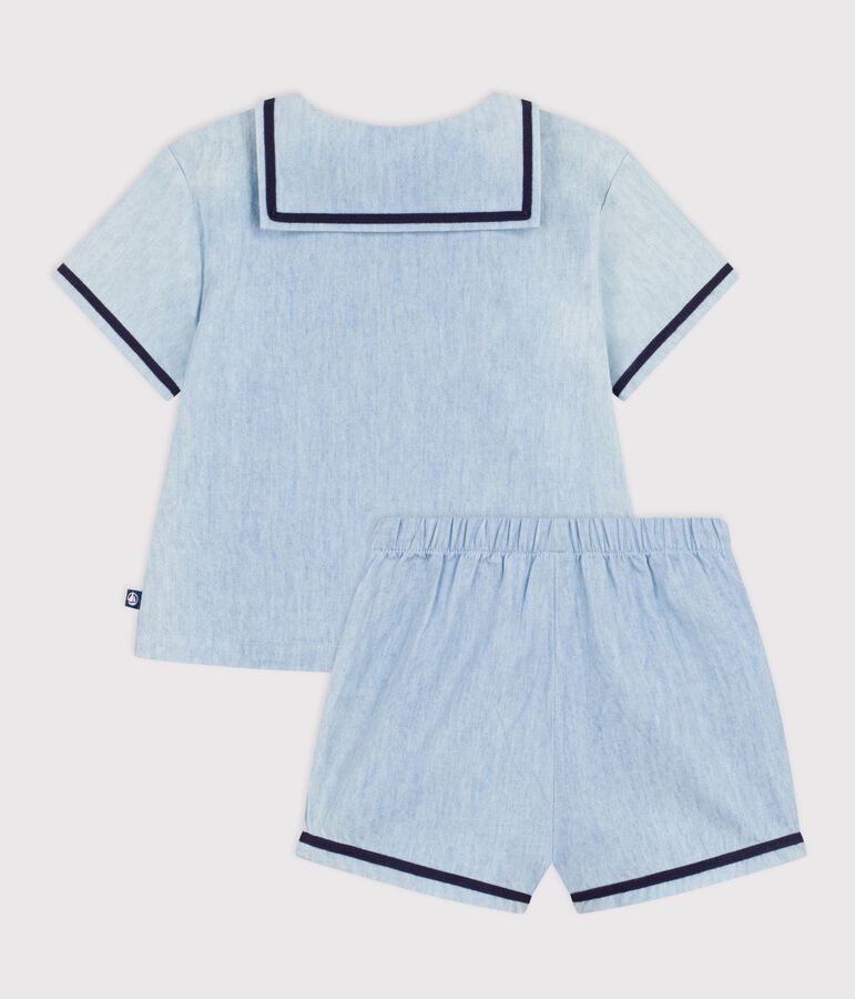 Ensemble b&eacute;b&eacute; 2 pi&egrave;ces en chambray, tee-shirt col vareuse bleu BLEU CLAIR