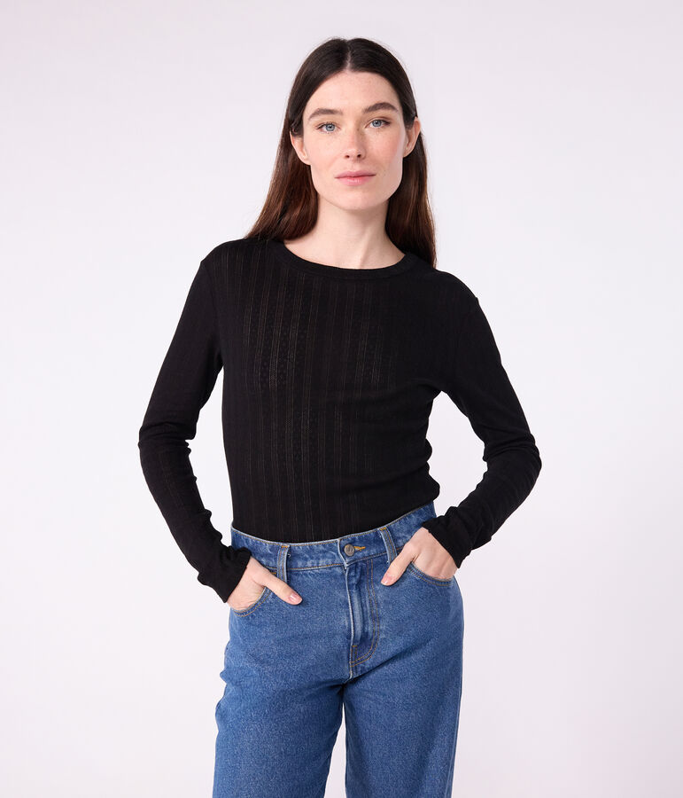 Tee-shirt femme l'iconique en coton ajour&eacute; manches longues noir BLACK