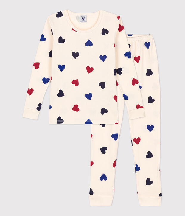 Pyjama ajust&eacute; c&oelig;ur petite fille en coton &eacute;cru/multicouleur