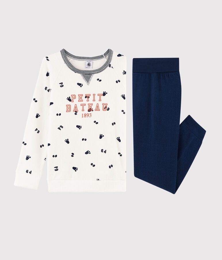 Pyjama petit gar&ccedil;on taille montante en bouclette &eacute;ponge gratt&eacute;e blanc/bleu